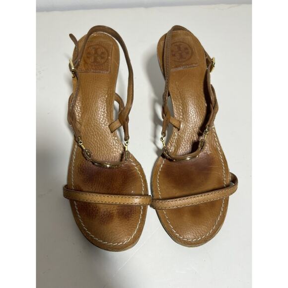 Tory Burch EUC Tan Leather Mira 70mm Logo Slingback Sandals Size 8.5 - Picture 3 of 11